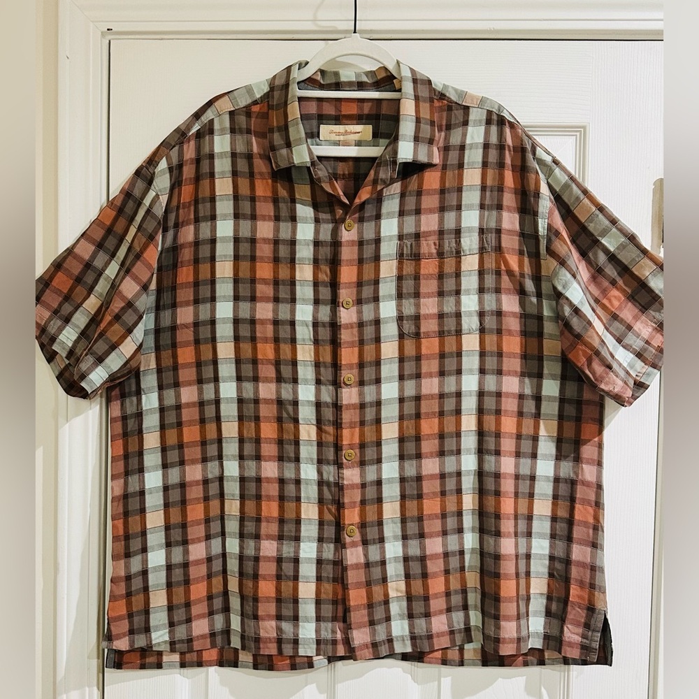 Tommy Bahama 100% Silk Shirt Mens Size XLX /TGT Plaid Island Short‎ Sleeve